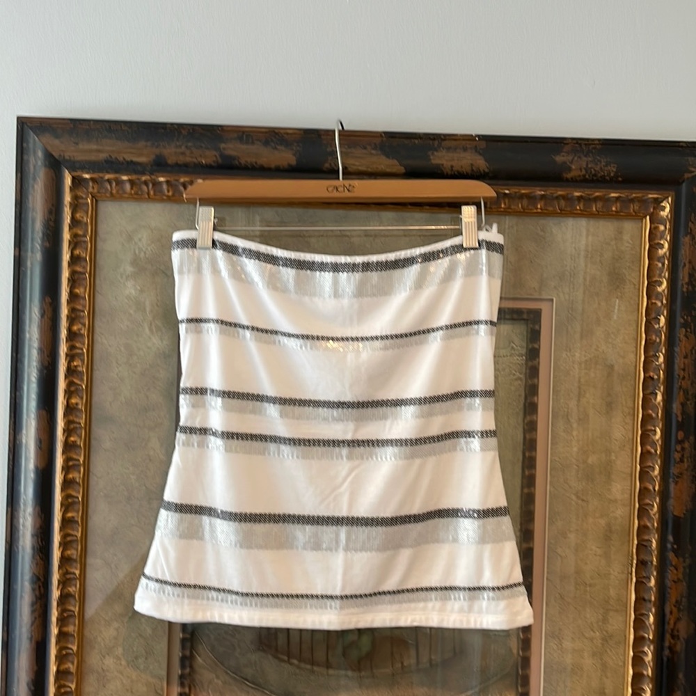 Cache White Strapless Top with Black Stripes